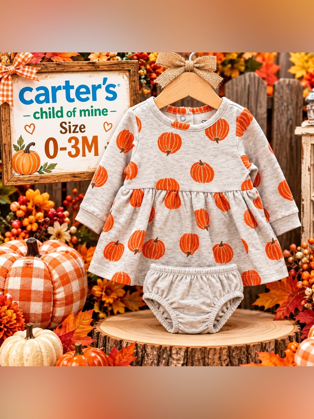 Carter's Pumpkin Print Dress Set Baby 0-3M Like New